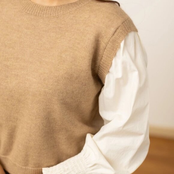 Grace & Emma - Tan Sweater Vest with Cream Sleeves - 2X - Picture 2 of 5